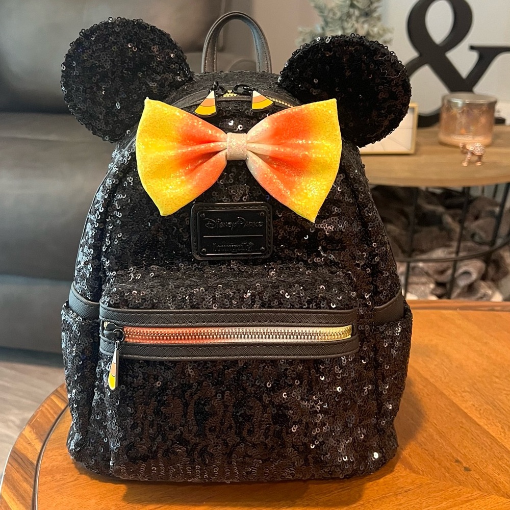 DISNEY Halloween Minnie Mouse Black Sequin Mini Backpack CANDY CORN - BRAND NEW
